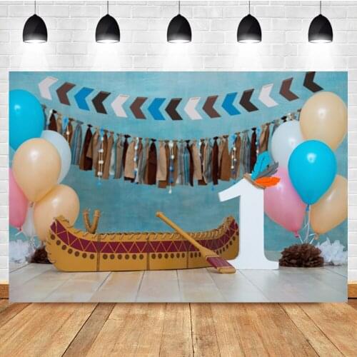 Laeacco Cartoon Kayak Balloon Baby 1th Birthday Party Portrait Custom Photography Backdrop Photo Background For Photo Studio
