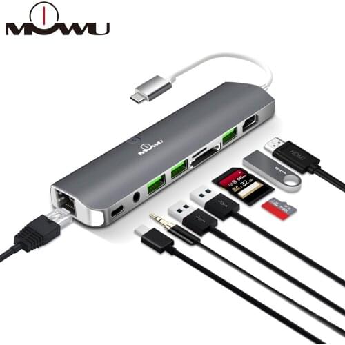 USB C Hub, 9 in 1 Multiport Hub, Type C Hub with HDMI RJ45 USB3.0 PD SD TF 3.5AUX for Laptop, more Devices with Type C Interface