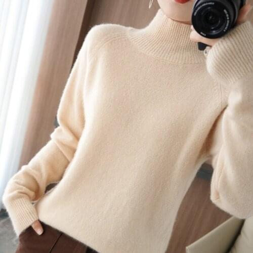New cashmere sweater womens half high neck 100% pure wool pullover large size knitted bottoming shirt raglan sleeve sweater