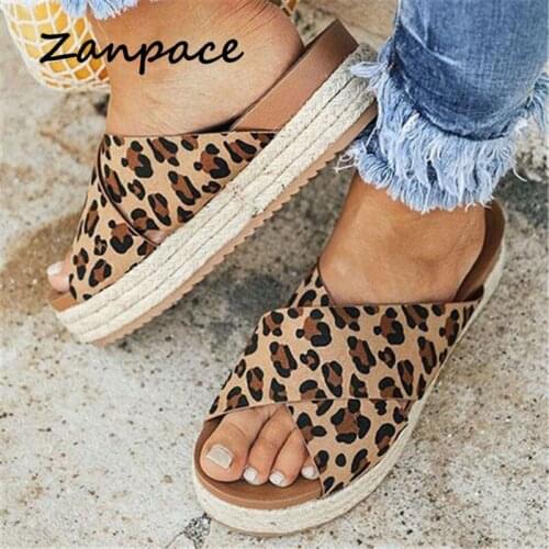 Large Size Hemp Slippers Women Leopard Outside Thick Bottom Female Sandals Peep Toe Platform Casual Shoes Woman Beach Flip Flops