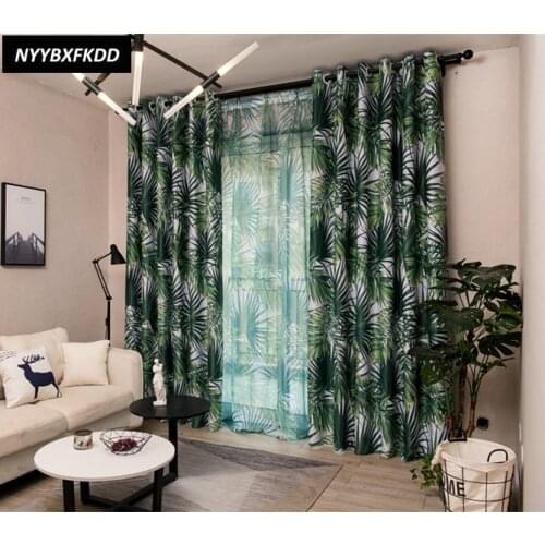 Nordic Green Curtains for Living Dining Room Bedroom Ins Wind Tropical Forest Palm Leaf Tree Curtains Finished Product