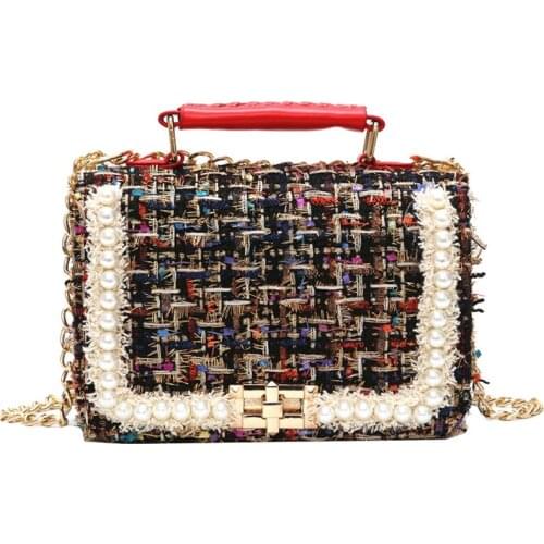 2021Winter Fashion New Female Square Tote Bag Quality Woolen Pearl Womens Designer Handbag Ladies Chain Shoulder Crossbody Bag