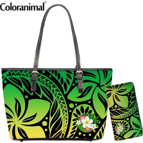 Coloranimal Circular Polynesian Floral Tattoo Art Printing Shoulder Bag for Women PU Leather Handbag Girls 2Set Tote Bag&Wallet