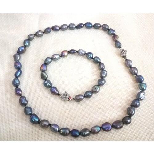 Women Jewelry set 22'' 55cm necklace 10x11mm black blue gray green baroque pearl handmade bracelet natural freshwater pearl