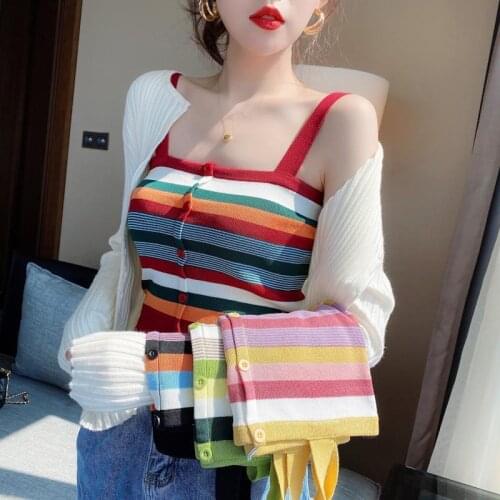 Women 2021 Spring Autumn New Fashion Sexy Bottoming Vests Female Short Striped Vest Tops Ladies Knitted Sleeveless Tops D857