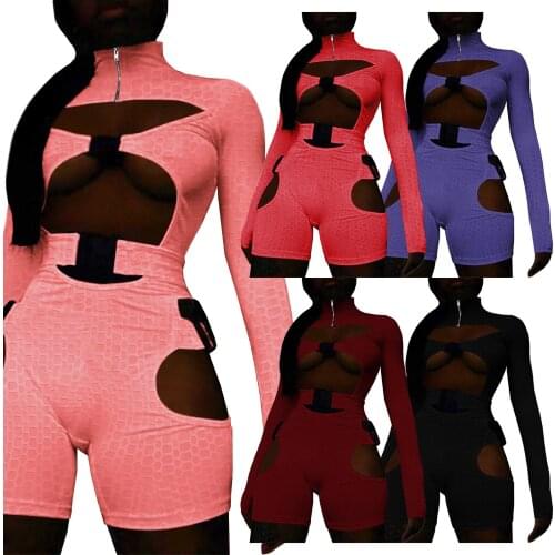 Women Bodycon Buckle Cut Out Biker Romper Sexy Long Sleeves Hollowing Out Clubwear Bodysuit Short Jumpsuit Pants Wholesale