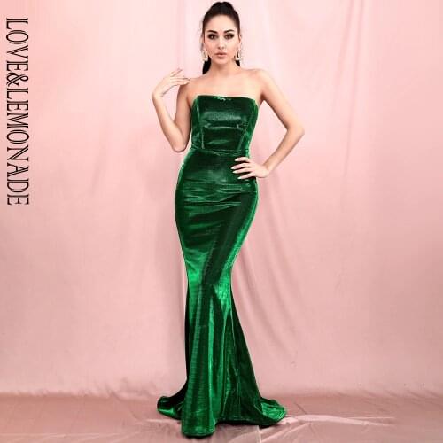 LOVE&LEMONADE Sexy Emerald Green Tube Top Bodycon Reflective Material Party Tail Maxi Dress LM82506