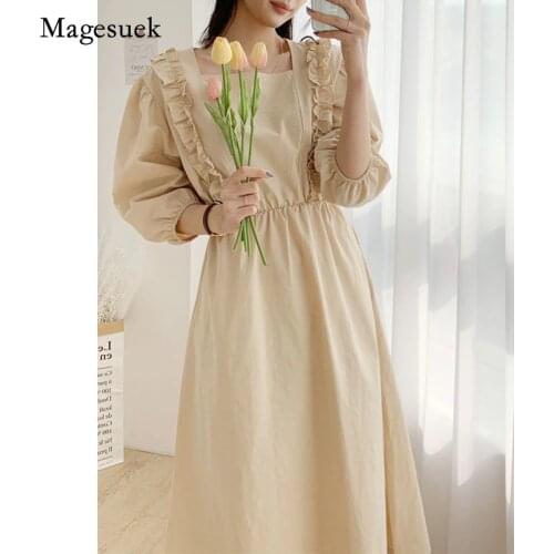 Sweet Chic 2021 Summer Women Dress Solid Cotton Bubble Sleeve Sqaure Neck Dress French Women Fashion Party Dress Vestidos 13959