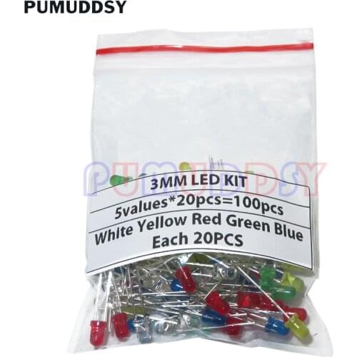 100PCS 3mm LED Diode Light Assorted Kit 5Colors*20PCS F3 White Yellow Red Green Blue Component DIY Kit PUMUDDSY