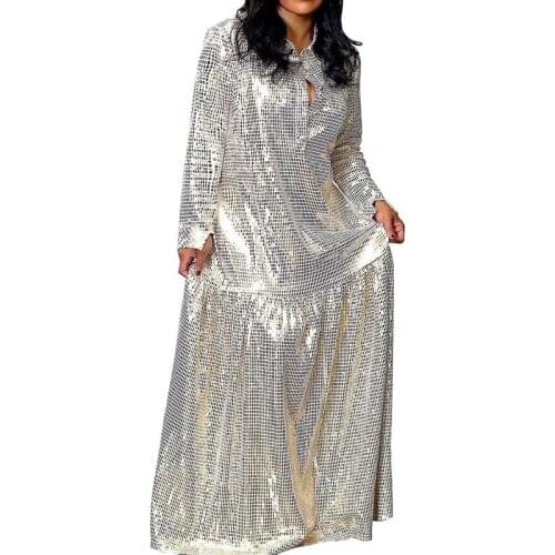 2020 Glitter Sequined Sparkle Long Dress Women African Clothes Long Sleeve Evening Party Maxi Dress Gown Robe Clubwear Vestidos