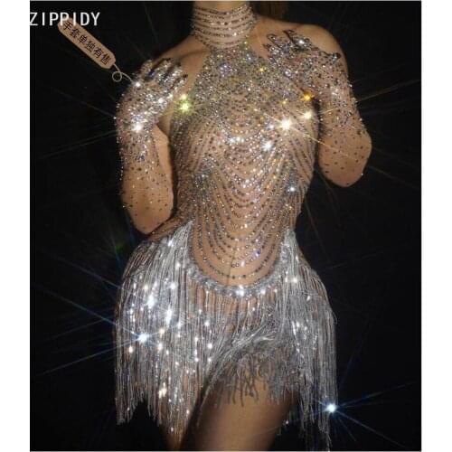 Transparent Net Sparkly Stones Silver Fringe Bodysuit Stone Gloves Bar Women Latin Dance Show Outfit Birthday Wear