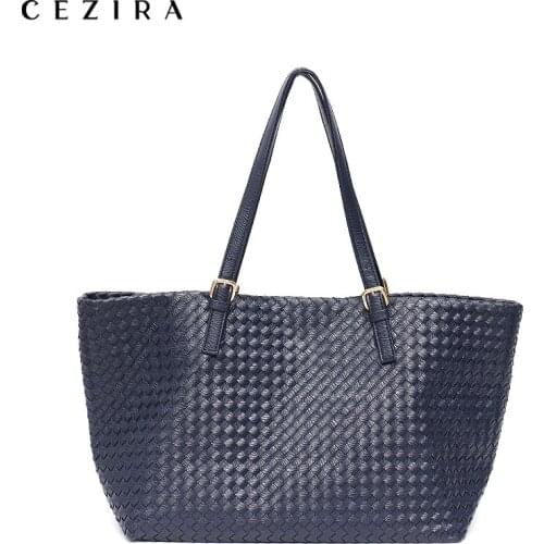 CEZIR Large PU Leather Women Tote Bag Brand Handmade Woven Design Bucket Female Luxury Vegan Leather Shoulder Bag Travel Handbag