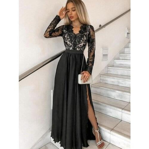 Black Lace Satin Prom Dresses 2021 Long Sleeve V Neck Slit Side Formal Evening Party Gowns A Line Robes De Soirée