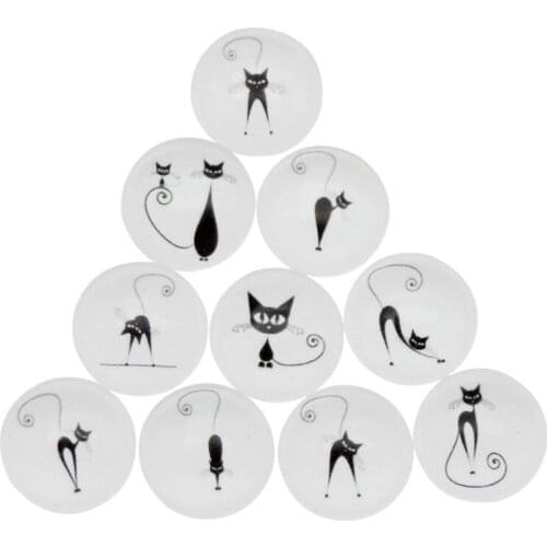 Julie Wang 8-30mm Glass Cabochons Mixed Black Cat Patterns Fat Back Round Pet Demo Jewelry Making Accessory