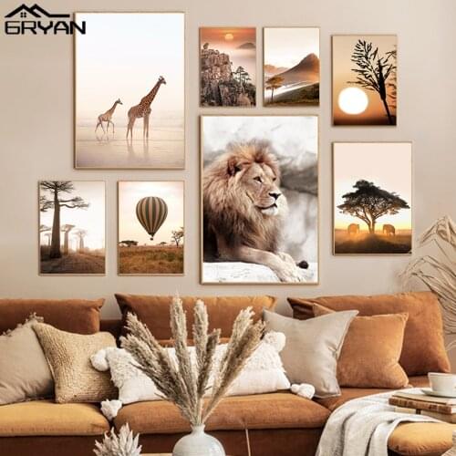 Lion Giraffe Elephant Animal Poster Sunrise Wheat Tree Cliff Hot Air Balloon Canvas Print Painting Nature Landscape Wall Picture