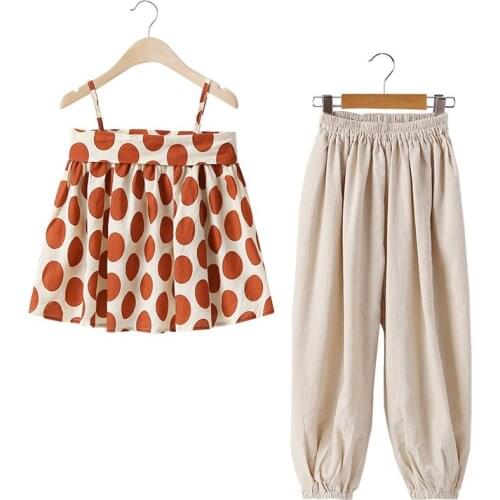 Girls Summer Sets 2021 New Teenager Girl Two Pieces Set Dot Sling Shirt And Pants Girls Clothes Suit Cotton Kids Suits