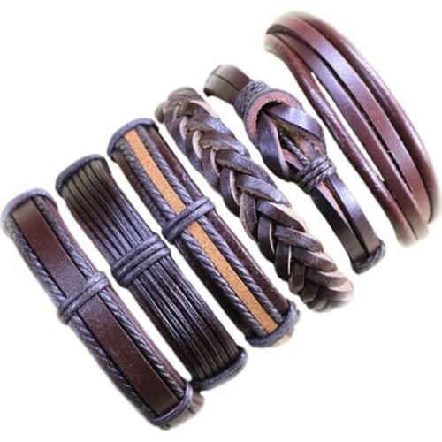6pcs Handmade New Men Fashion Leather Bracelets Wristband Charm Bangle Handmade Round Rope Jewelry Accessories Bracelets-S79
