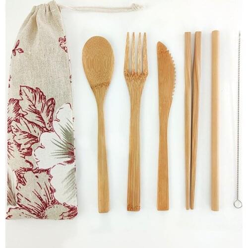 Bamboo Cutlery Set Bamboo Wood Flatware Eco-Friendly Travel Cutlery Set Wooden Cutlery Degradable Tableware with Cotton Pouches