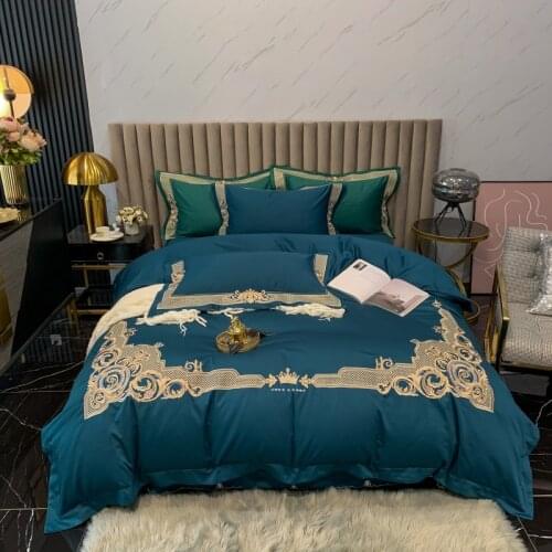 New Luxury Blue 1000TC Egyptian Cotton Retro Gold Embroidery Palace Bedding Set Soft Silky Duvet Cover Bed Linen Pillowcases