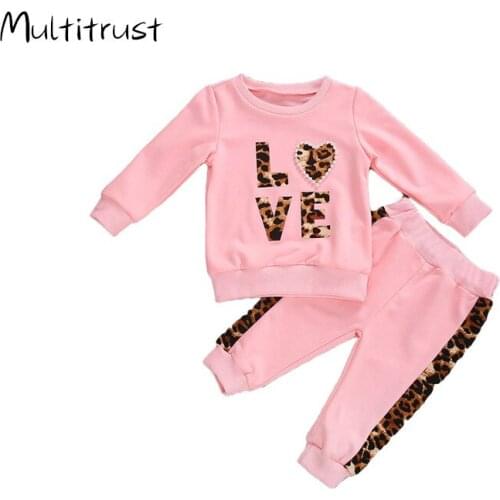 Toddler Girl Clothes Fall Shirt Jogger Pants Suit Leopard Printed Pearls Round Neck Long Sleeve Girl Trousers 1-5Y