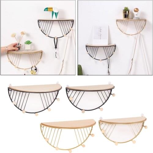 Semicircle Iron Rack Floating Shelves Wall Mounted Storage Shelf w/ er for Home Bedroom Office Decoration Ornament