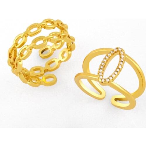 FLOLA Gold Plated Double Open Cuff Rings Adjustable Polished Chain Finger Ring CZ Cubic Zirconia Wholesale Jewelry Gifts rigk44