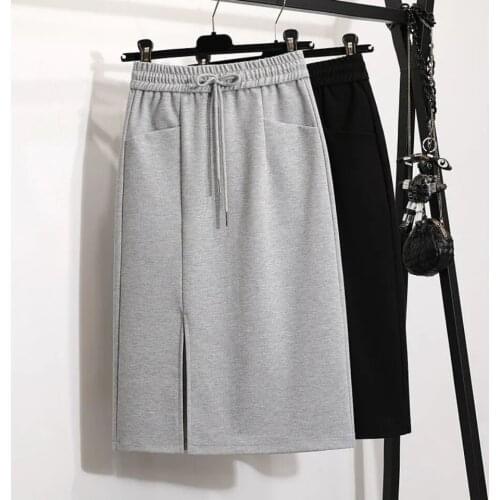 Slit Cotton Soft Midi Womens Summer Skirt Casual Elastics Korean Fashion Aesthetic skirts High Waist Pockets Plus Size Elegant