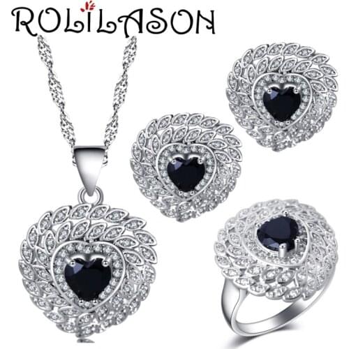 ROLILASON Heart-shaped design Jewelry Sets for women black zircon silver Earrings Necklace Rings USA size #6#7#8#9#10 JS729