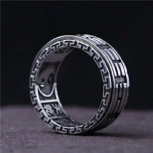 Pure S925 Silver Retro Ring Women Mans Gossip Tai Chi Rotatable Ring US Size 8 New Gift 9.2mmW