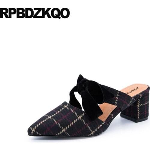 Medium heels plaid pumps classic pointed toe thick high european designer shoes ladies bow mary jane cute size 4 34 black chunky