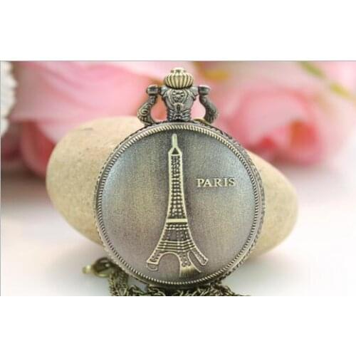 Vintage Bronze antiques Eiffel Tower Fashion quartz collection men and woman gift Necklace pocket watches
