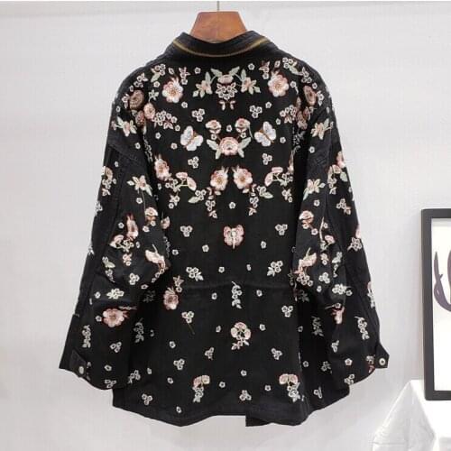 Womens autumn winter casual loose flower embroidery jacket female high waist runway fashion medium long outwear TB821