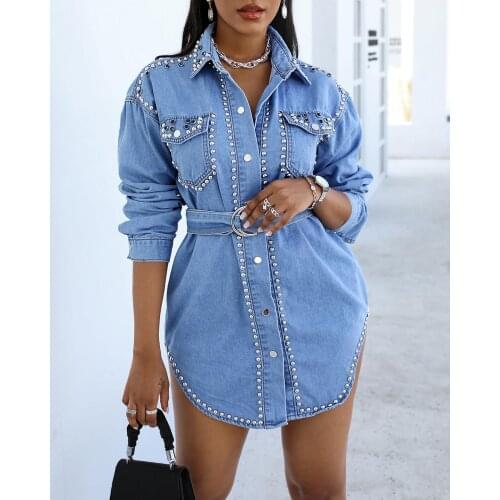 Women Fashion Casual Denim Dresses Turn Collar Rivet Pocket Design Long Sleeve Denim Dresses