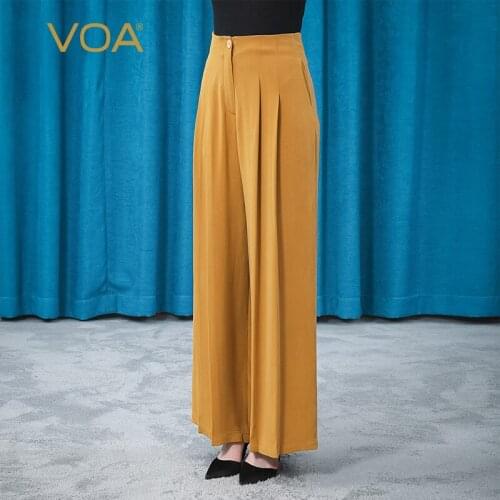 VOA 30m/m Silk Heavy Waistband Zipper Button Rear Tendon Elastic Loose OL Champagne Yellow Wide-leg Pants for Women KE501