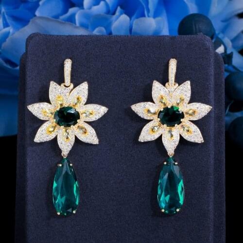 CWWZircon Luxury Big Green Water Drop Leaf Flower Cubic Zirconia Stone Women Party Long Earrings for Wedding Prom Jewelry CZ925