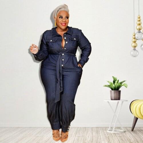 RMSFE 2021 Autumn Women Long Sleeve Lapel Fashion Casual Single Breasted Solid Color Wash Denim Long Jumpsuit