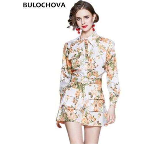 BULOCHOVA Summer Clothes Fashion Women Long Sleeve Print Shirt Tops + Short Pants 2 Pieces Sets Womens Belt Suits 2021 New