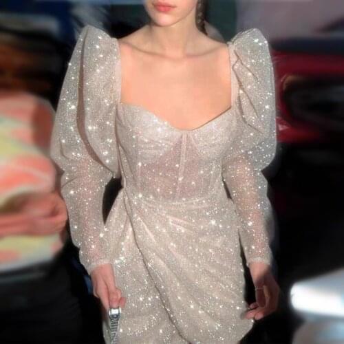 Women Glitter Long Sleeve Summer Dress Square Collar High Waist Bandage Mini Party Dress