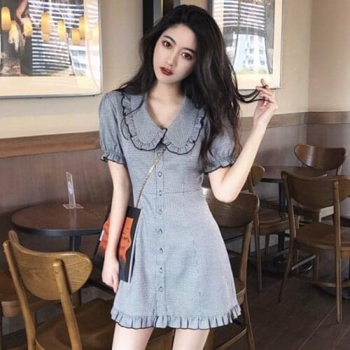 Button Plaid Ruffle Dress Office Mini Kawaii Korean Style Harajuku Retro Women Summer Vestido Curto Robe Ete 2019 Moda Feminina