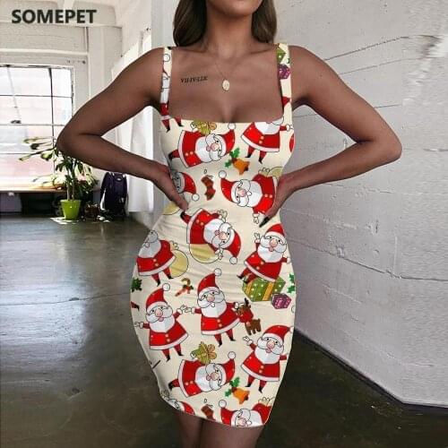 SOMEPET Santa Claus Dresses Women Christmas 3d Print Gift Halter Sleeveless Party Bodycon Dress Womens Clothing Club Short Boho
