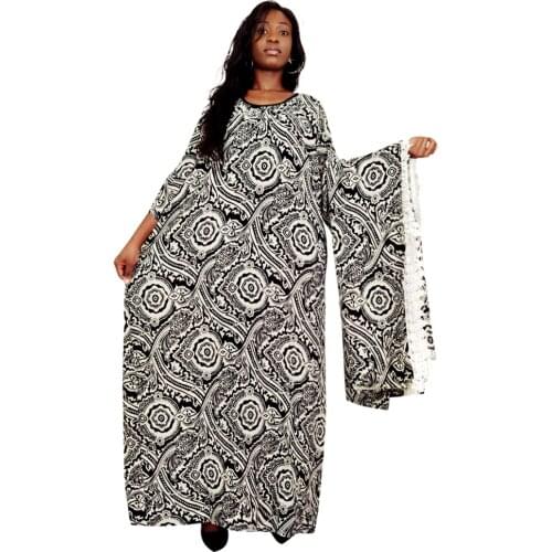 Flared Sleeve Women Spring O Neck Print Dress High Waist Vintage Black Half Sleeve Loose African Long Dresses