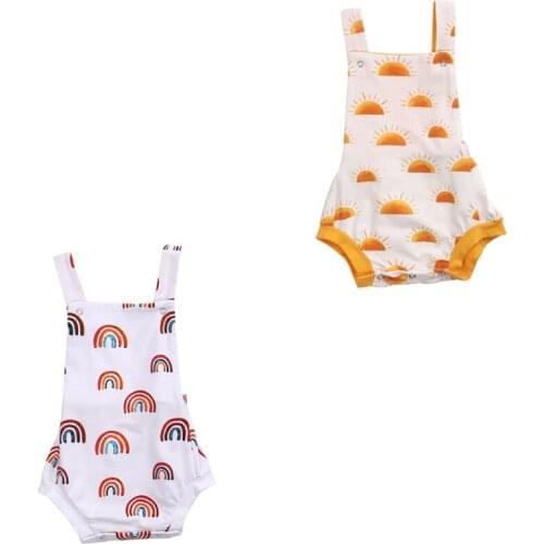 Newborn Baby Boys Girls Clothes 1 Pcs Romper Sleeveless Cartoon Sun/Rainbow Print Strap Bodysuit Jumpsuit Pajamas Summer Outfits