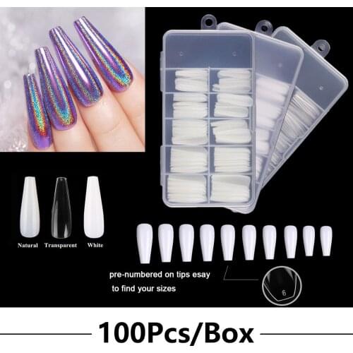 100Pcs/Box Long Coffin False Nails Full Cover Ballerina Fake Nails Ballet Shape Fashion DIY Fingernails Art Tools