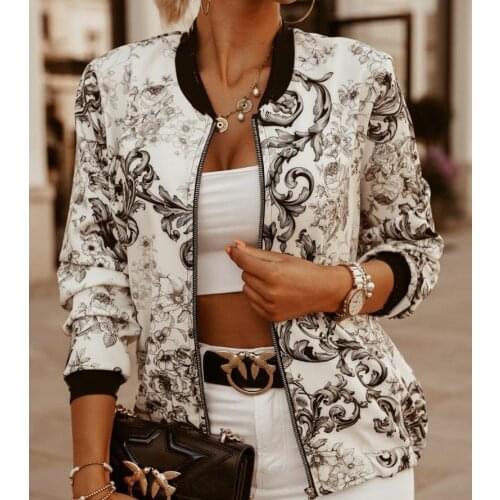 2020 Women Bomber Jacket Thin Printing Jackets Fashion Basic Long Sleeve Coat Casual Windbreaker Stand Collar Slim Outerwear