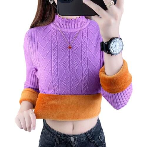 2021 Winter Plus Thick Velvet Knit Sweater Bottoming Shirt Velvet Lining Warm Pullover Sweater Female Half Turtleneck Sweater