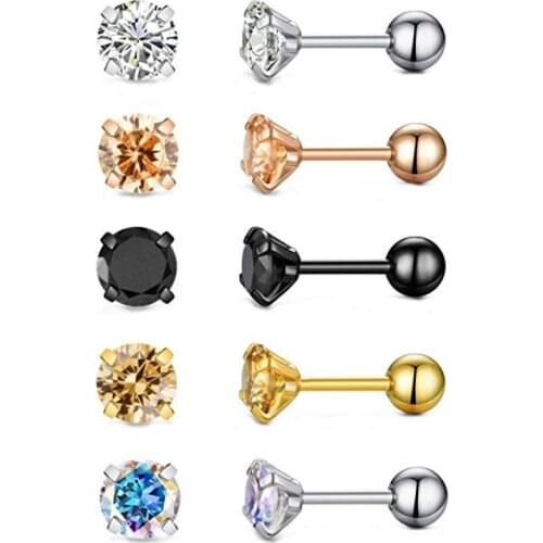 Zircon Ear Stud Round Crystal Earrings Tragus Cartilage 316L Stainless Steel AB Gold Nail Bone Clear CZ 4mm Rose Gold Black