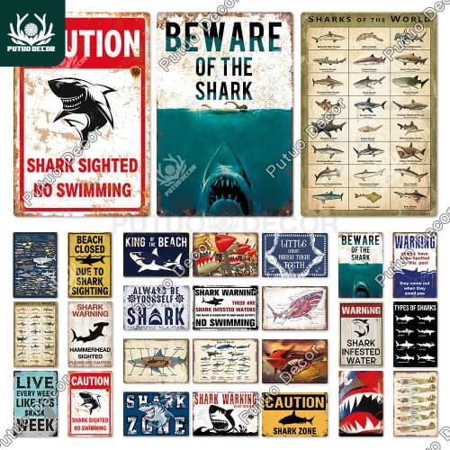 Putuo Decor Shark Sign Metal Signs Vintage Tin Sign Funny Warning Movie Poster for Bar Pub Kitchen Club Man Cave Wall Decoration