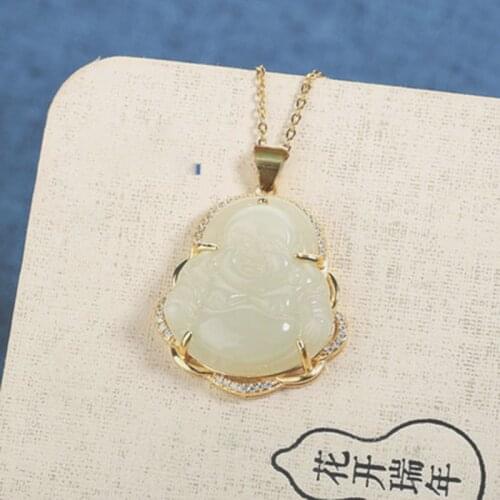 Designer original new silver inlaid natural Hetian jade Maitreya Buddha pendant necklace elegant jewelry
