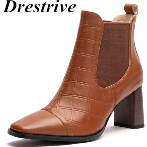 Drestrive Women Ankle Boots Square Toe Patchwork 2021 Winter Shoes High Heels Cow Leather Stone Pattern Classics Brown
