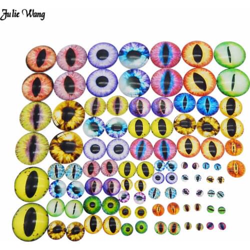 Julie Wang 30pcs In Pairs 12MM Glass Cabochons Dragon Cat Eyes Flatback Photo Cameo Multi Color Pattern Crafts Toy DIY Accessory